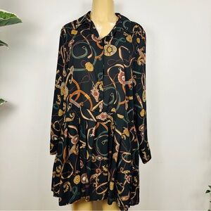 Zara Chain Print Dress Sz L Black Pleated Skirt Button Front Long Sleeves